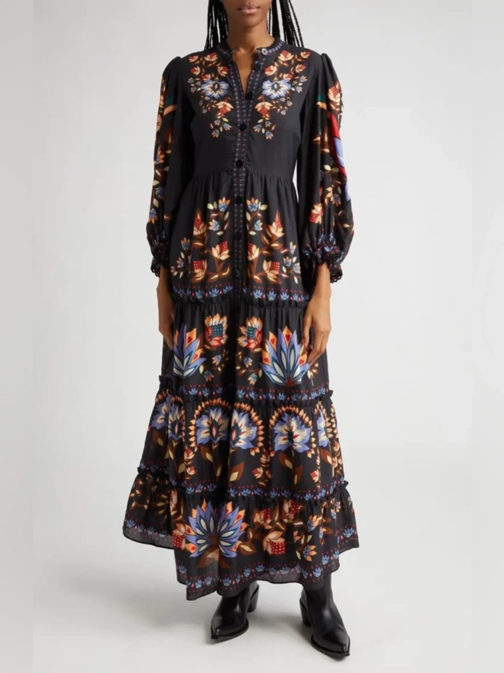 NEW FARM Rio Winter Garden Floral Print Tiered Puff Long Sleeve Maxi Dress Sz M - Picture 1 of 16